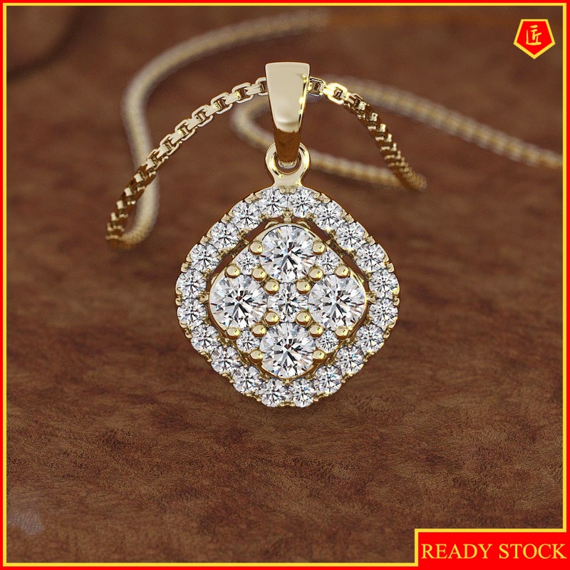 [Ready Stock]Fashion 18K Gold Plated Classic Square Full Diamond Pendant Necklace
