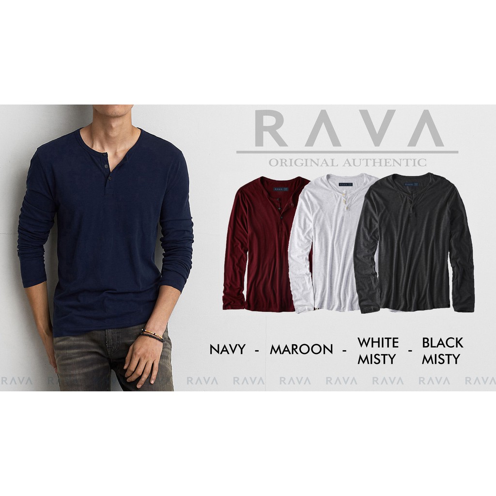 RAVA Baju Kaos Pria Henley Polos Lengan Panjang Premium 