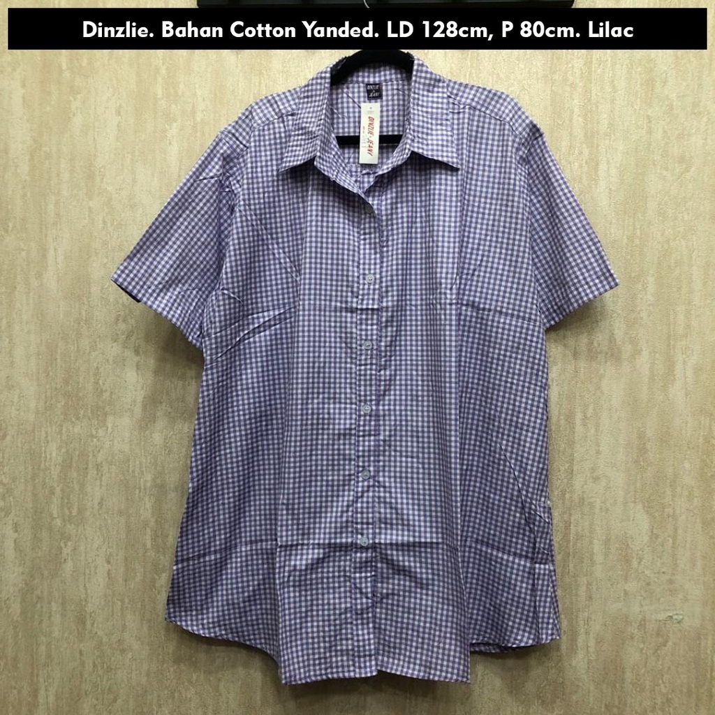 KEMEJA WANITA LENGAN PENDEK MOTIF KOTAK WARNA UNGU MUDA LILAC BAHAN KATUN