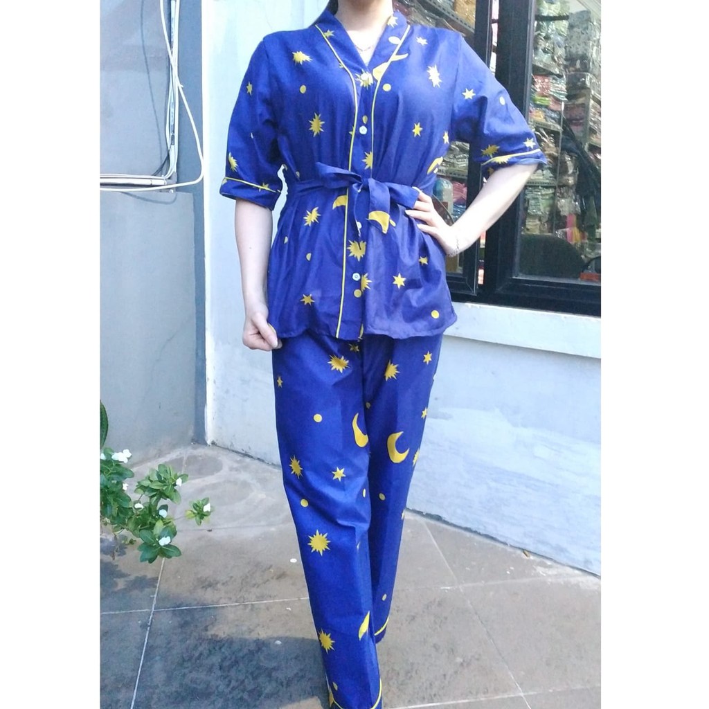 JNV Setelan Kimono CP Wanita Motif Karakter Kartun - Baju Tidur Kimono Lengan Pendek - Bahan Katun-StarMoon Navy