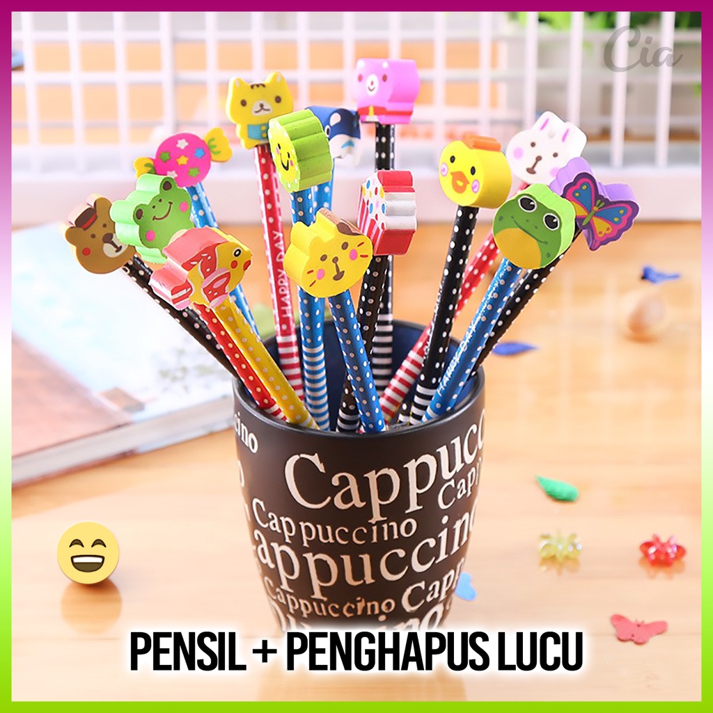 

Pensil + Penghapus Karakter Lucu Unik Fancy Pencil Eraser Kayu Serut