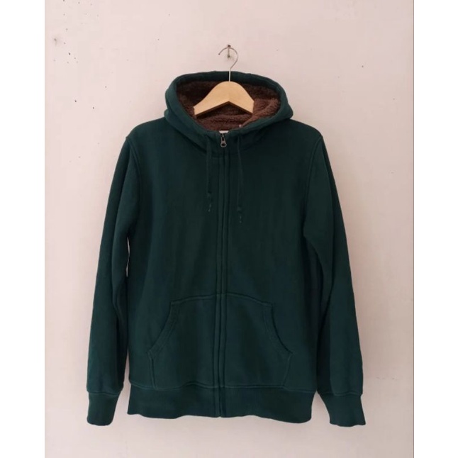 UNIQLO SHERPA HOODIE HIJAU BOTLE PRELOVED