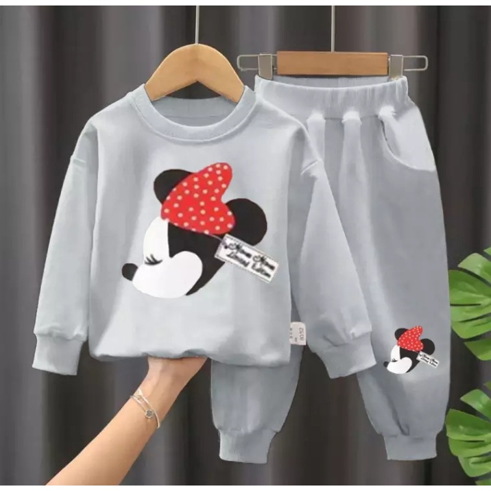 PROMO- FLECE SET | SETELAN SWEATER ANAK PEREMPUAN SWEATER MINIMOUSE 2 WARNA 1-5 TAHUN - PINK-ABU-ABU