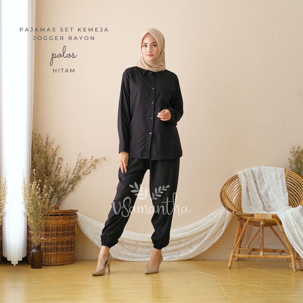 Pajamas Set Kemeja Jogger Rayon Polos