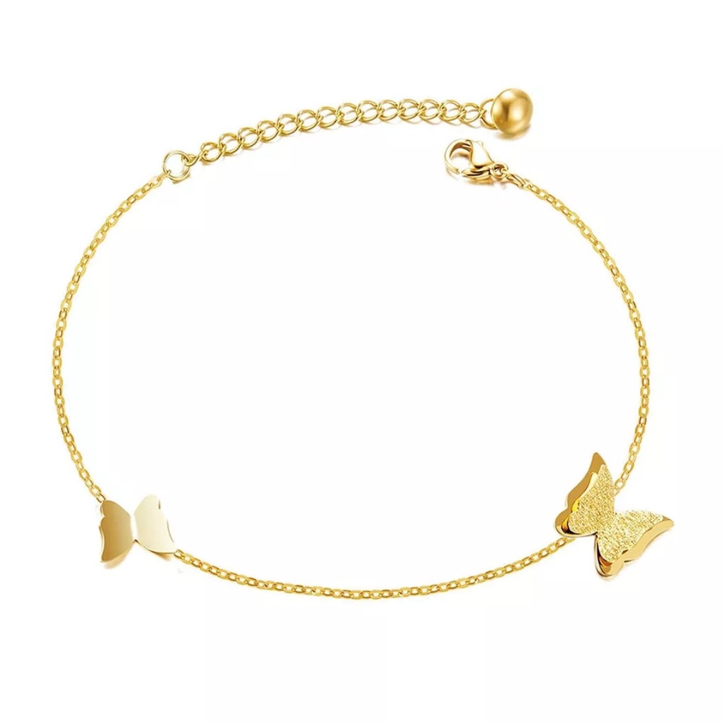 Gelang Tangan Titanium Aksen 2 Kupu - Kupu Warna Rosegold, Gold dan Silver-Gold