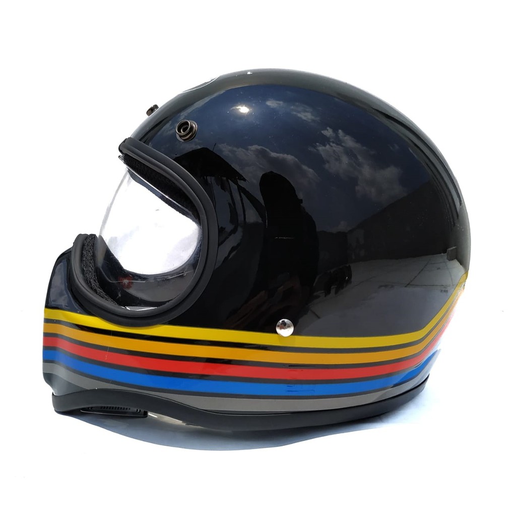 Helm Cakil HBC Strip Black Glossy + Inner Visor ( Fullface / Retro / Klasik / Vespa )