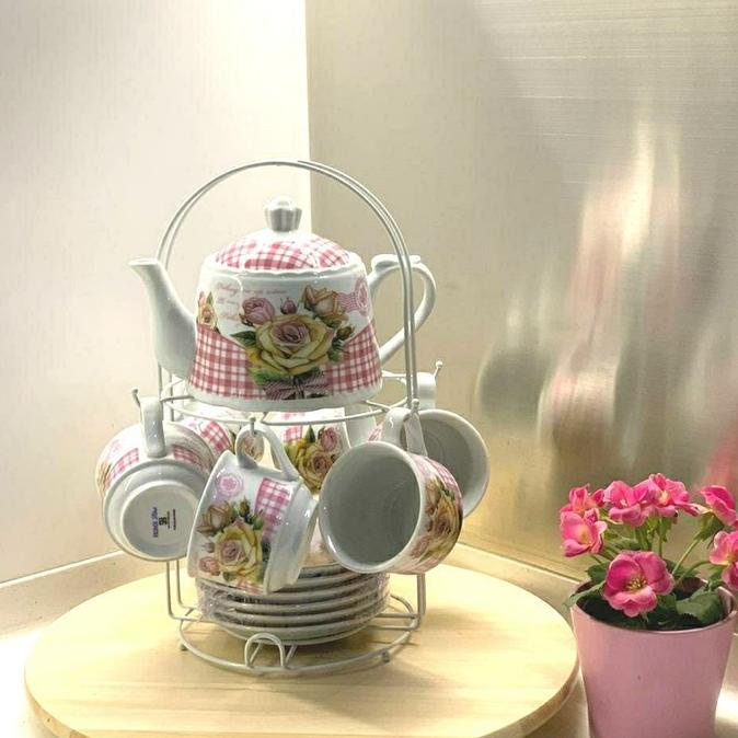 Paket Teko Cangkir Motif Homeline Keramik Kettle Mug Tea Set 13 Pcs