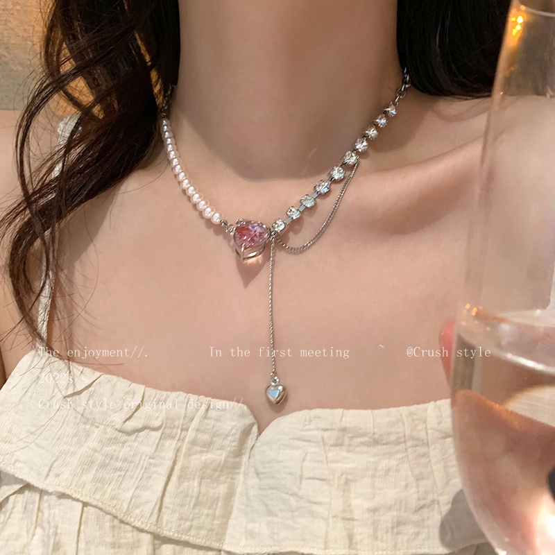 Kalung Rantai Kristal Mutiara Bentuk Hati Warna Pink Y2k Gaya Elegan Untuk Wanita