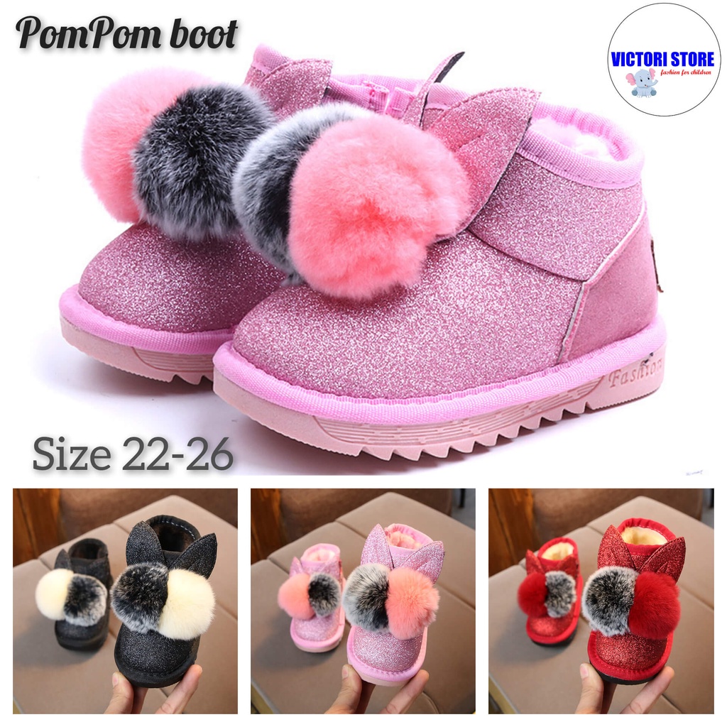 Sepatu Boots Anak Perempuan POMPOM Fashion Winter Boot Korean Style Import