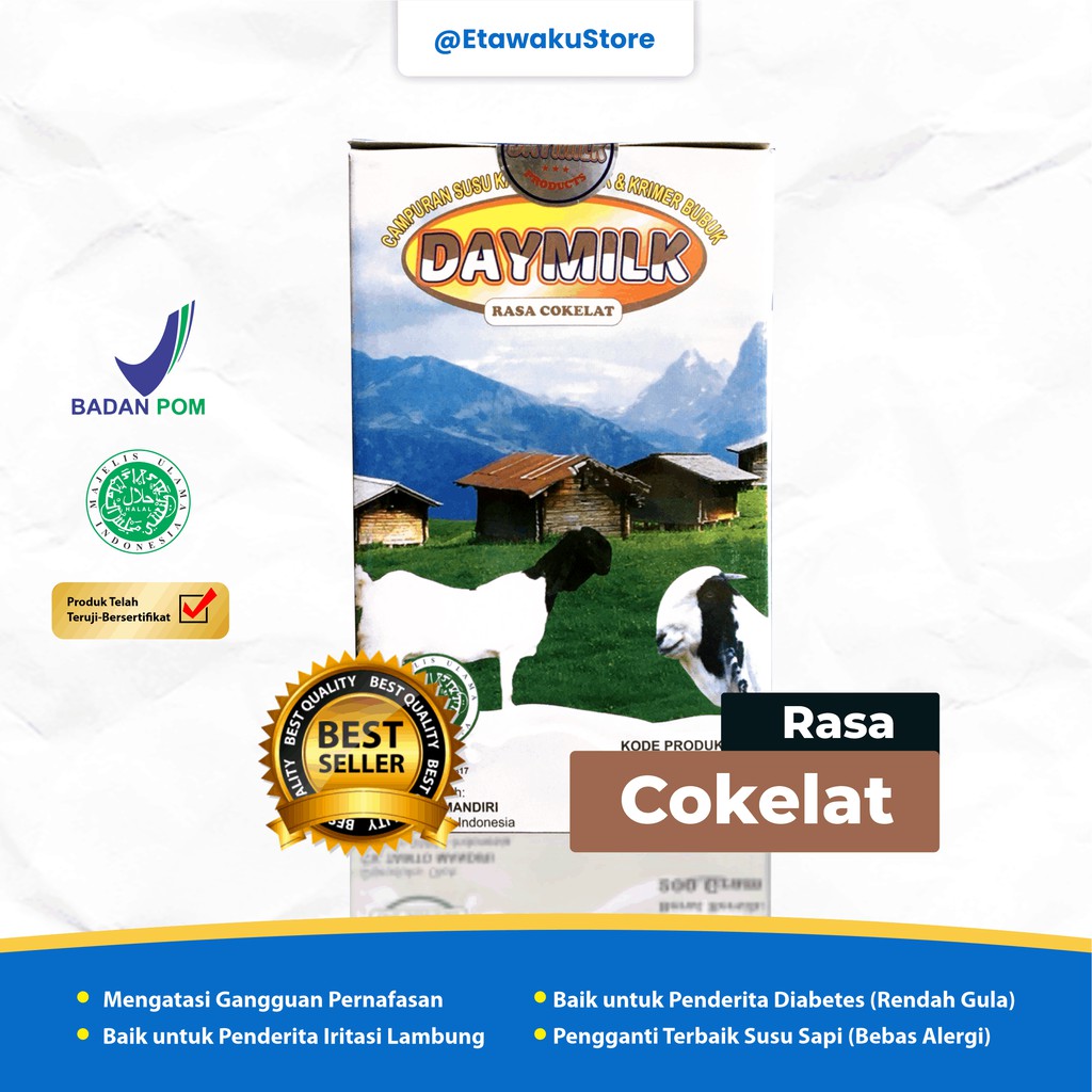 

DAYMILK Rasa Cokelat - Vanilla - Jahe - SUSU KAMBING ETAWA - Atasi Asam Lambung - Nyeri Sendi - Gangguan Pernafasan - Netto 200 gram