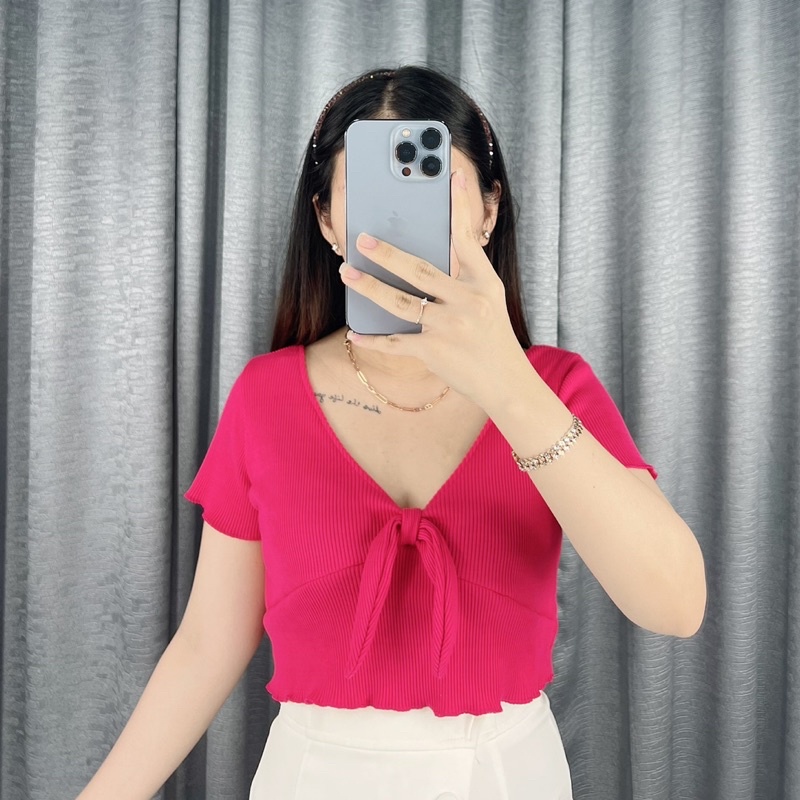 Crop top Vneck bow 100  | Crop top pita | Atasan crop korea