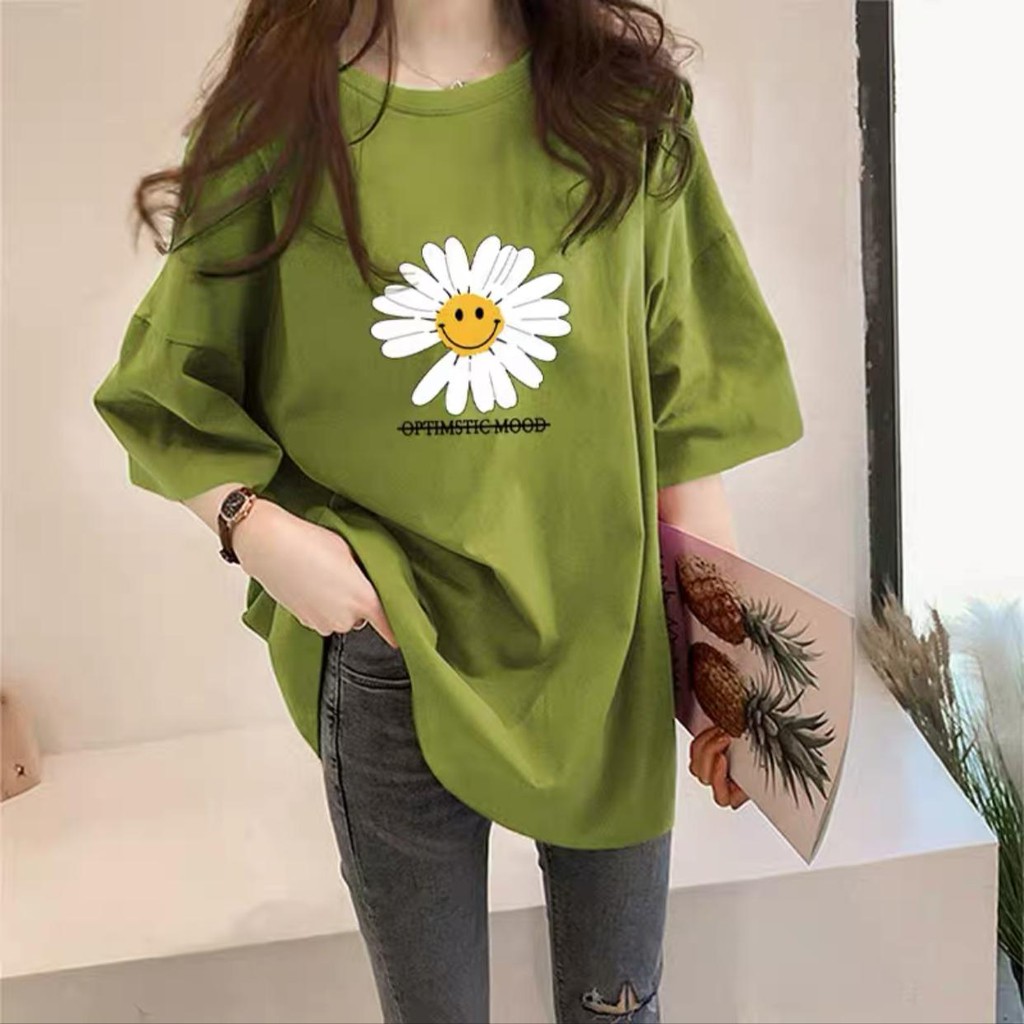 Oversize Tee Tshirt Model Longgar Utk Wanita Motif Daisy Smile