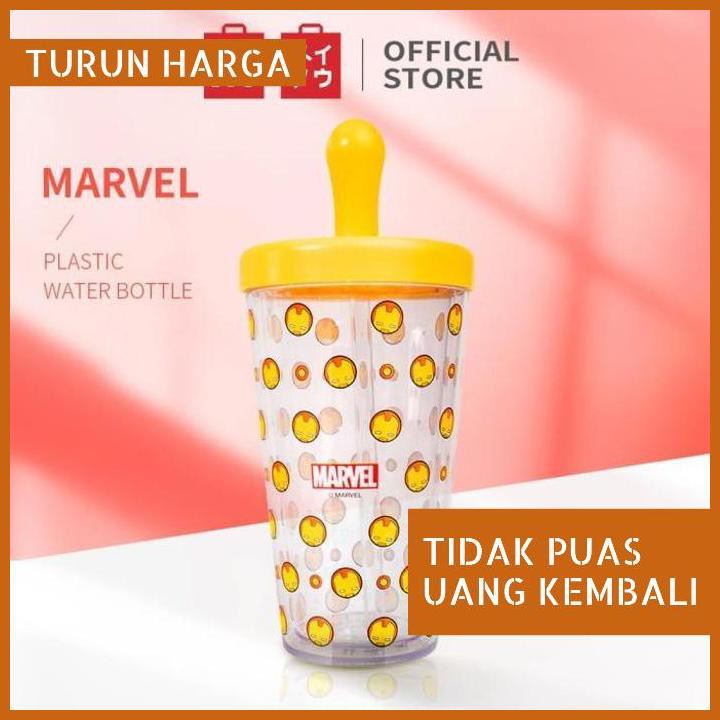 TURUN HARGA MINISO MARVEL BOTOL MINUM PLASTIK PORTABEL 420ML DENGAN JERAMI BOTTLE - IRON MAN