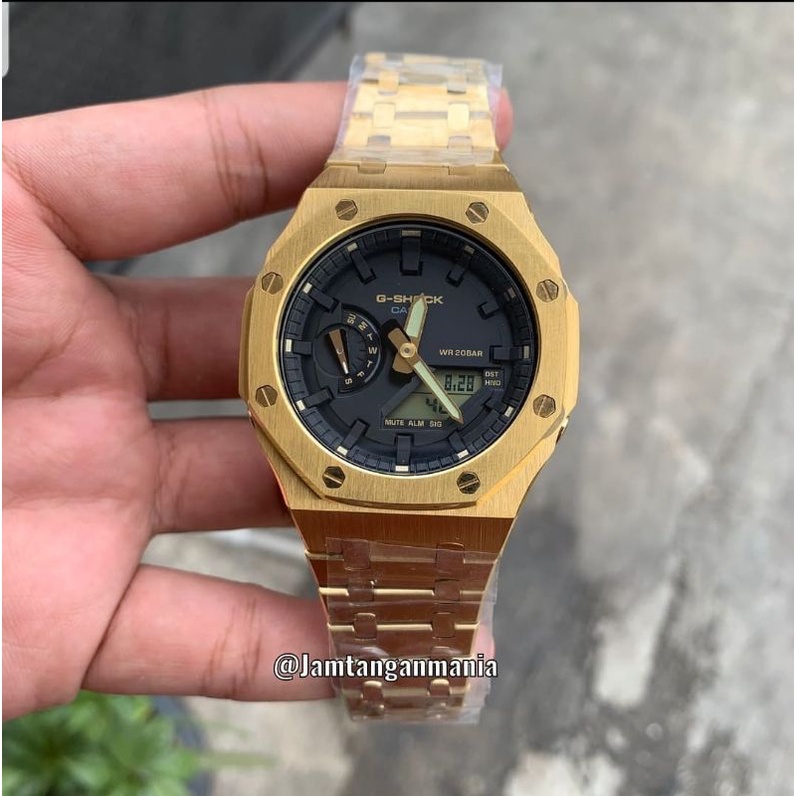 Jam Tangan Casio G-Shock GA2100 GA-2100 Custom Strap Stainless Steel Gold Bezel Gold