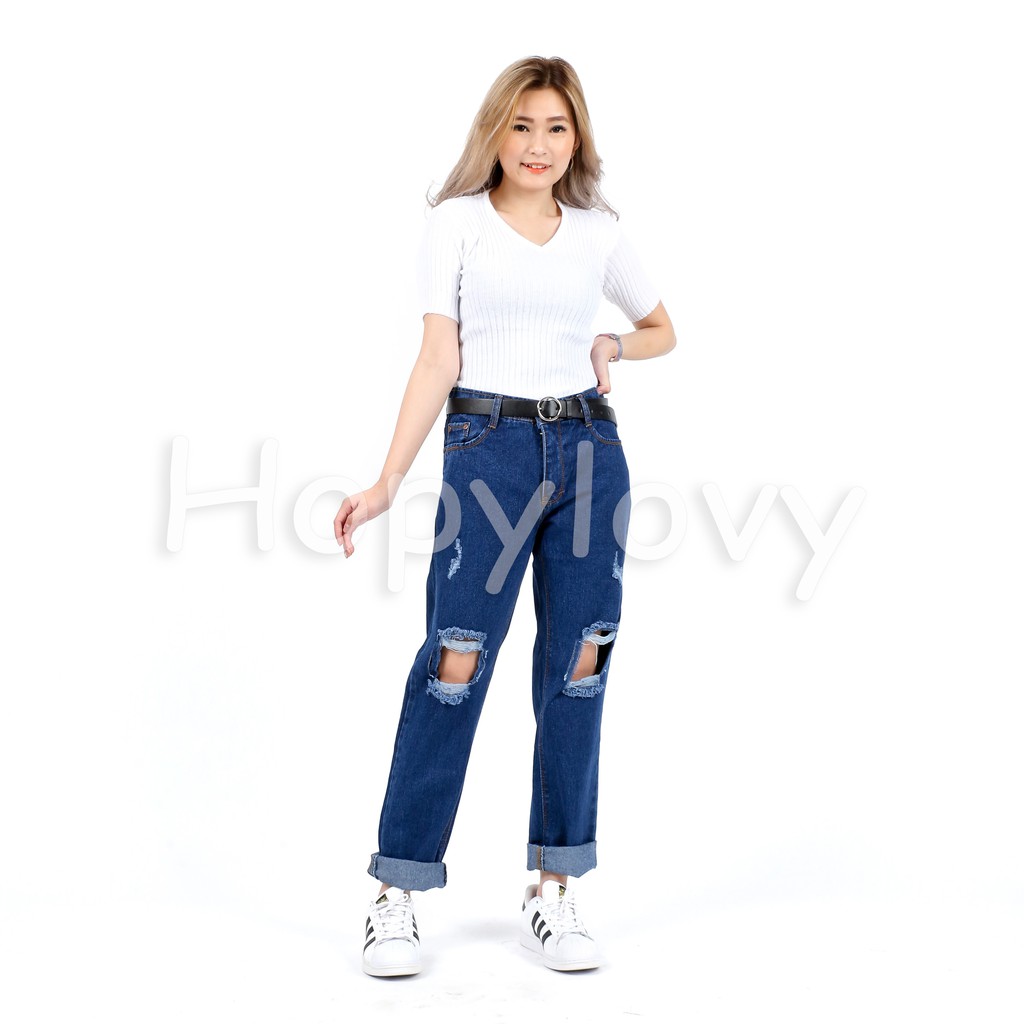 HOPYLOVY - Celana Boyfriend Jeans Wanita Sobek BF Distressed Monita