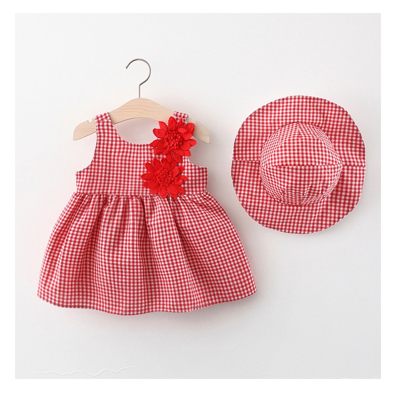 NEW Set Dress dan topi bayi anak perempuan /baju dress perempuan motif kotak kotak dengan dua bunga