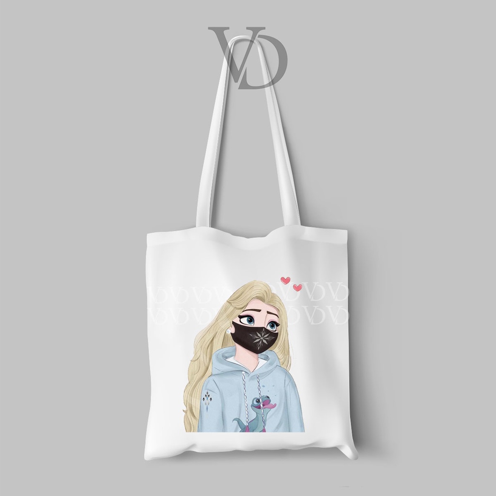 tote bag canvas disney wear mask / tas disney cute / totebag frozen elsa cinderella belle