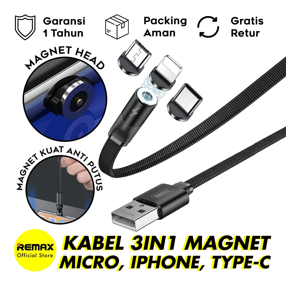 REMAX Flag Kabel Data Charger Magnet 3 in 1 Micro &amp; Type-C &amp; Lightning USB RC-169TH