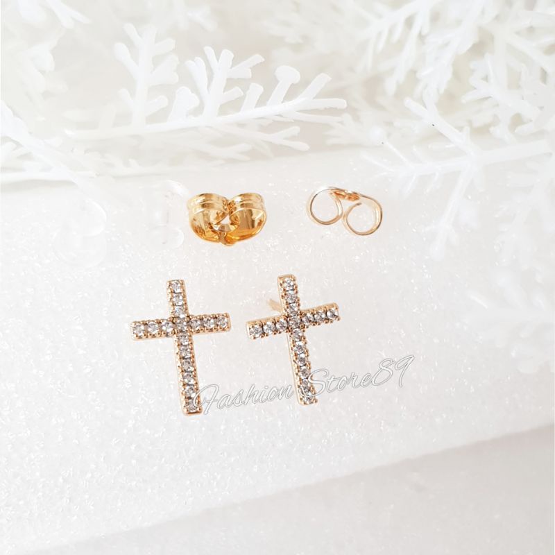 Anting Tusuk Salib Full permata Simpel Elegant impor Perhiasan lapis emas xuping Anting tusuk Salib