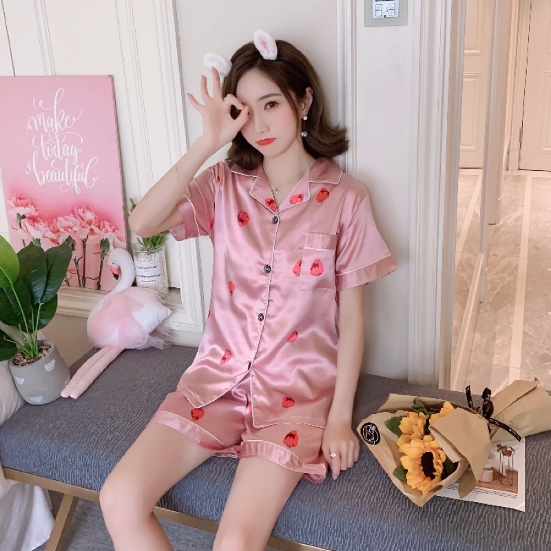 Piyama satin import / baju tidur wanita / piyama ice silk sutera-Berry pink