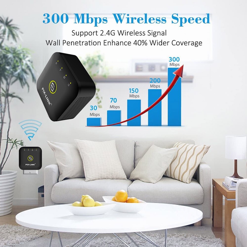 PIX-LINK Wireless WiFi Range Extender Amplifier Repeater 300Mbps - WR23 - Black
