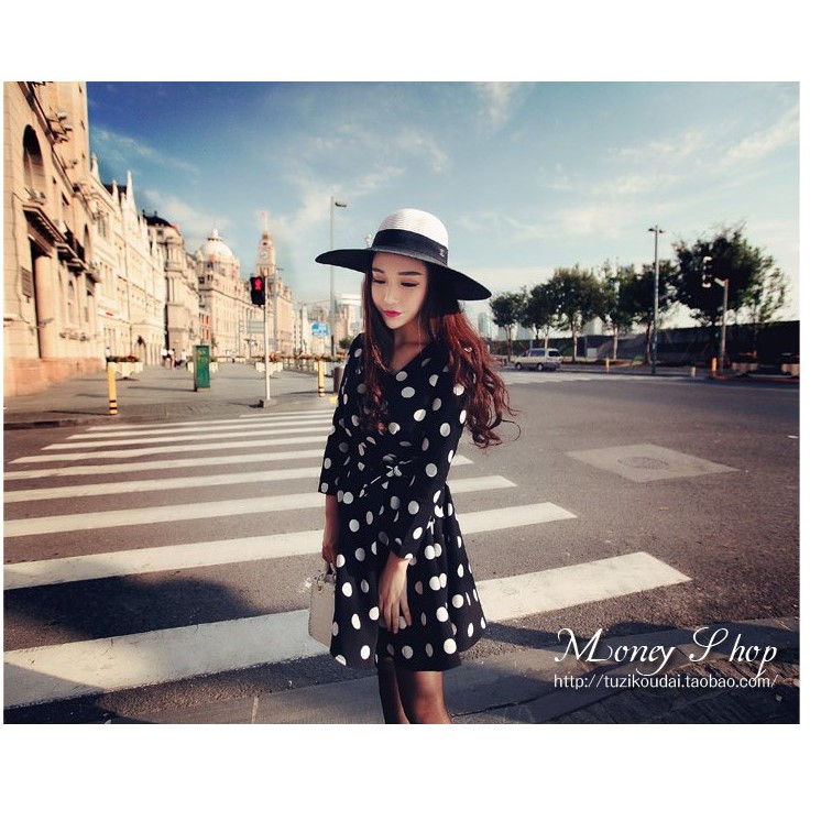 Dress Hepburn Mini V-Neck Lengan Panjang Motif Polkadot Gaya Korea/Eropa untuk Wanita/Musim Semi