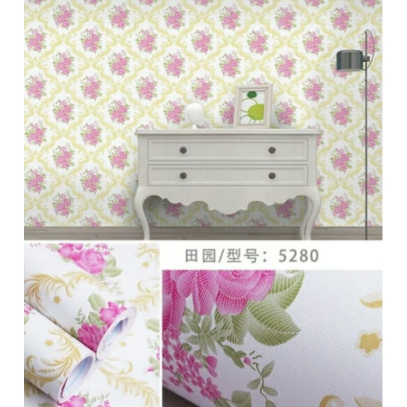 Wallpaper Murah - Wallpaper Dinding Stiker Dinding - Wallpaper Dinding Minimalis - Bunga Batik Pink