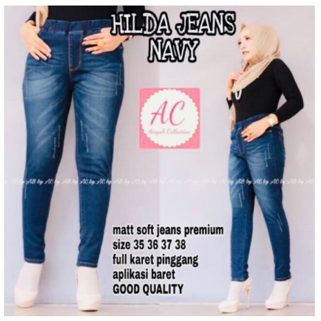 HILDA Jeans jumbo aplikasi laser whisker pinggang full karet ||[SMY NVY/GREN]