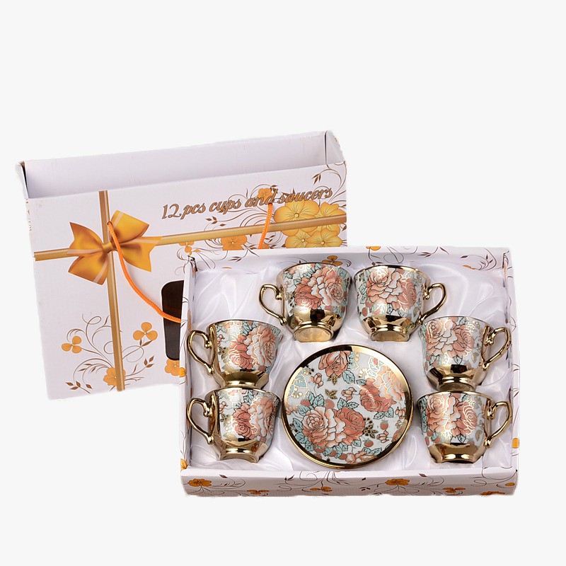 Harga Termurah - H892 (12 PCS) Cangkir & Piring Keramik European Style / Set Gelas Piring Kaca-Kotak Putih