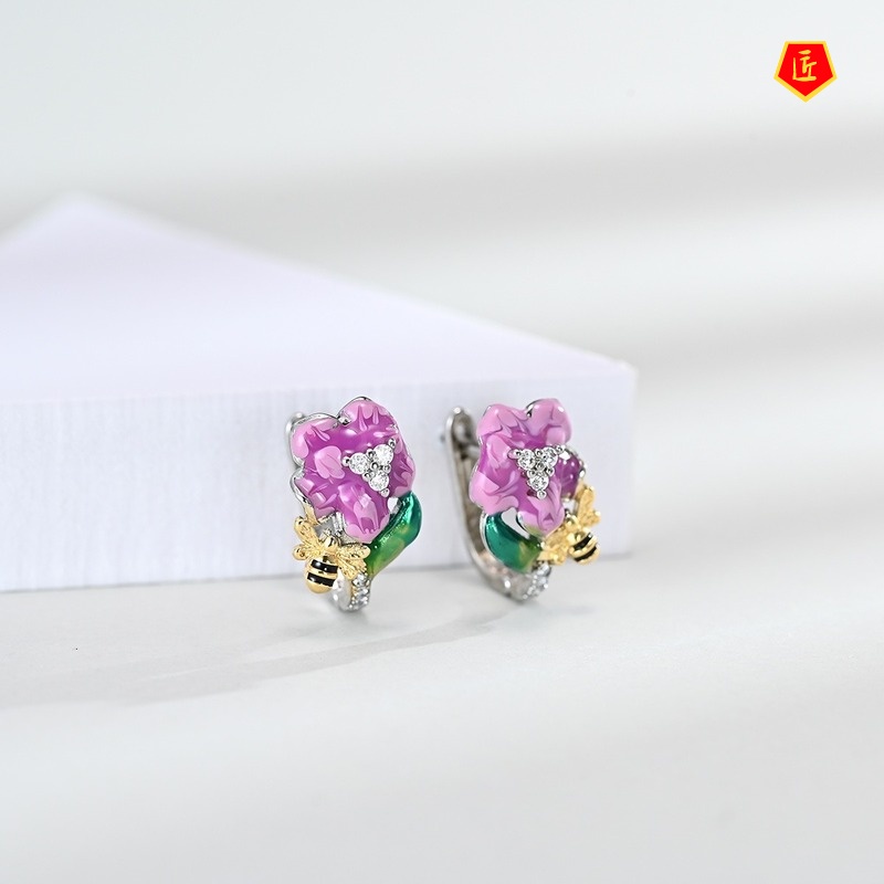 [Ready Stock]Bee Two-Tone Earrings Pink Flower Necklace Ring Set