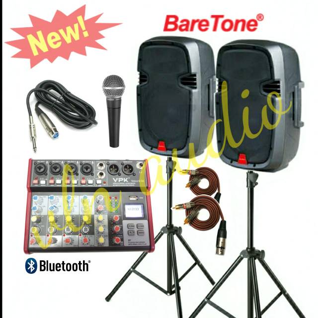 Paket soundsystem speaker aktif BARETONE 10in  + mixer VPK 6ch . ORIGINAL