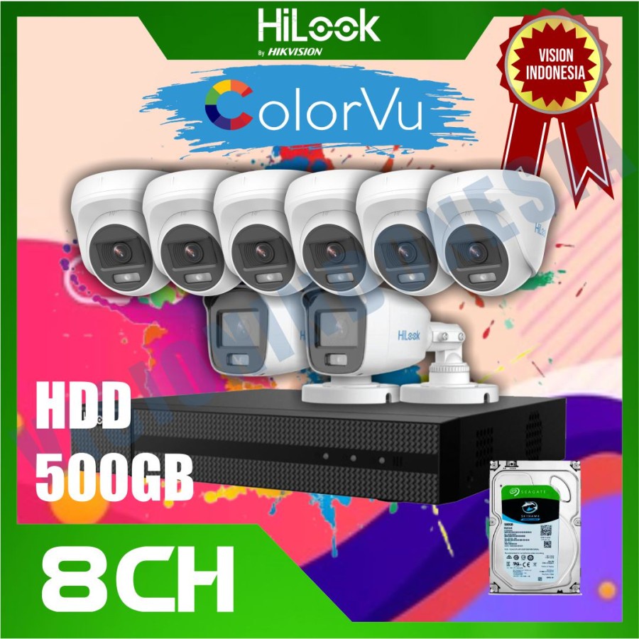 Paket CCTV HiLook 2MP COLORVU 8 KAMERA HDD 500G SIAP PASANG