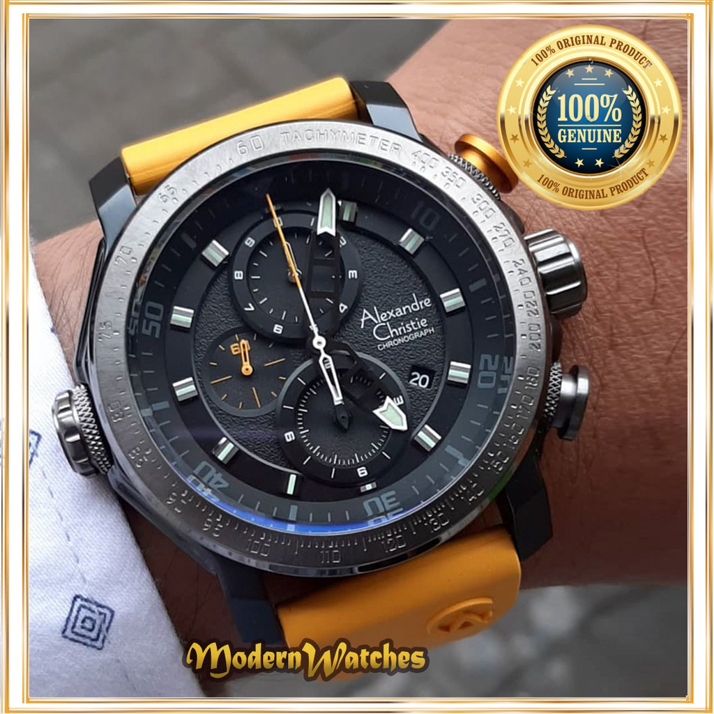 Jam Tangan Ori Pria Alexandre Christie AC 6565 Kuning Abu Yellow Grey Rubber Strap Alexander Christi
