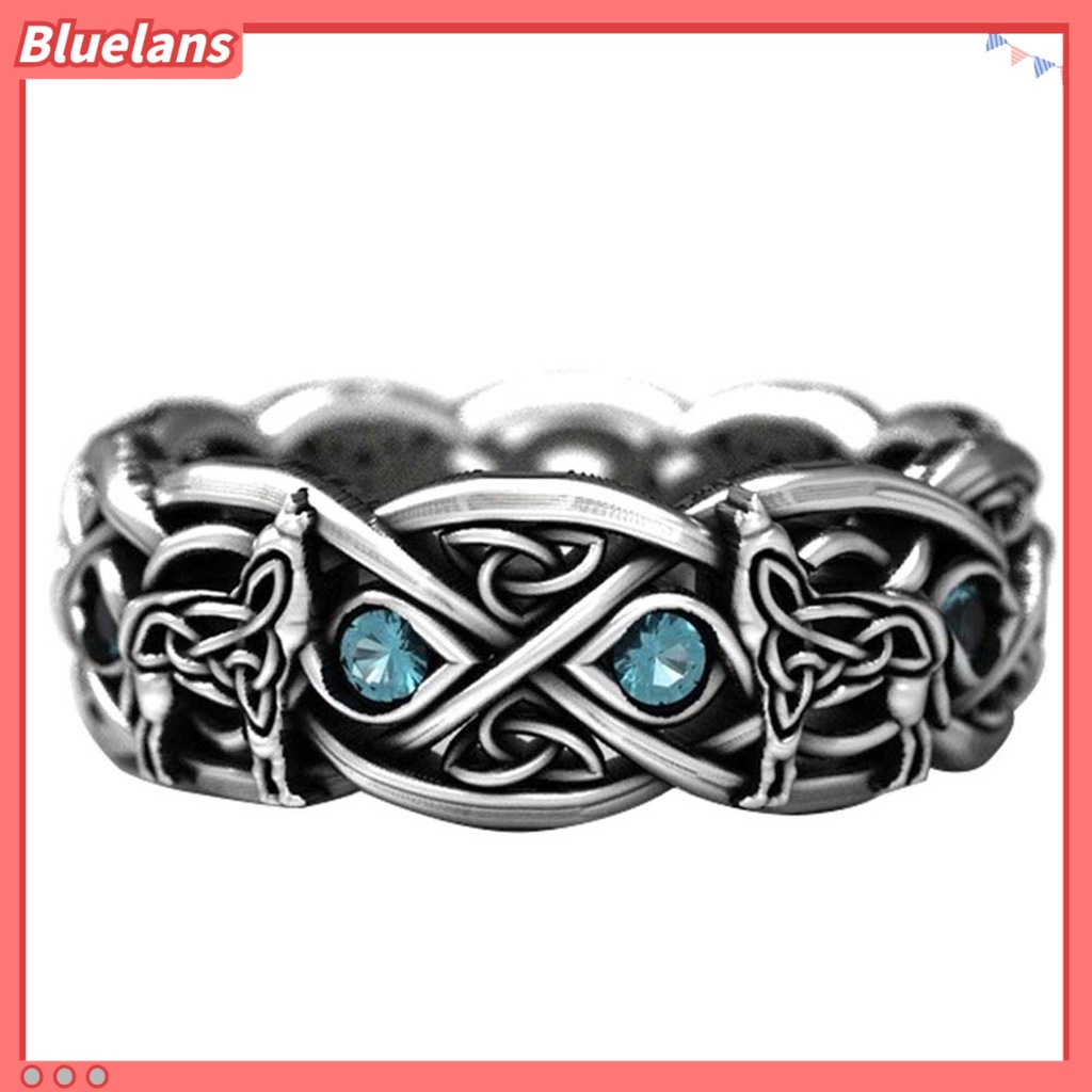 Bluelans Cincin Pria Lapis Silver Desain Serigala Hias Topaz Imitasi Untuk Pesta