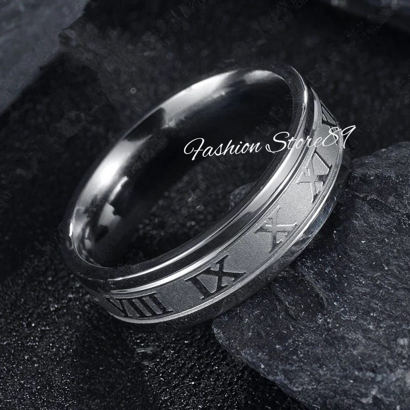 Cincin Titanium Romawi Black Silver Antikarat impor Cincin Pria Wanita Titanium Antikarat Anti Luntur kualitas terjamin