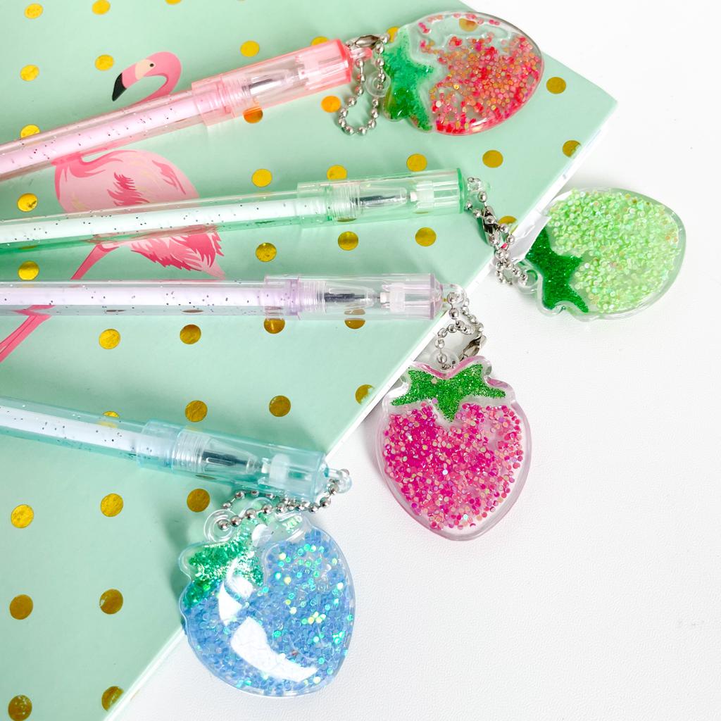 PULPEN GANTUNGAN BUAH STROBERI GLITTER MANIK READY 4 WARNA PEN LUCU UNIK HARGA TERMURAH BISA GROSIR & COD-BIRU
