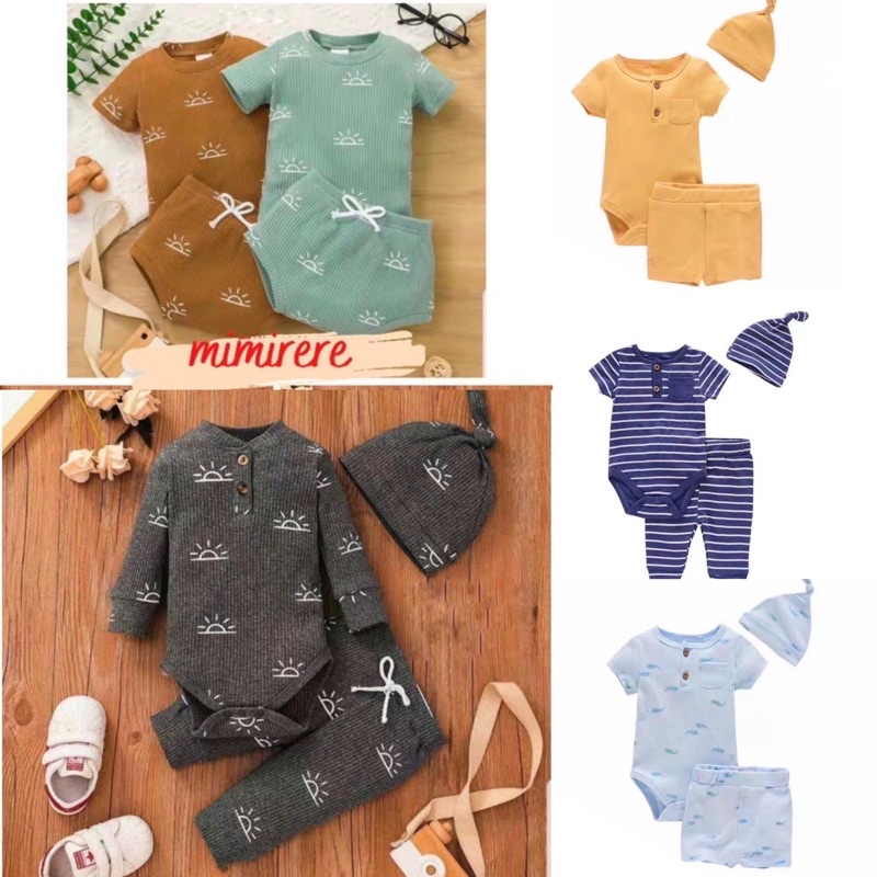 Setelan 2in1 Import Bayi &amp; Topi Earth Series | Baby Rib Set Pendek dan Set Panjang