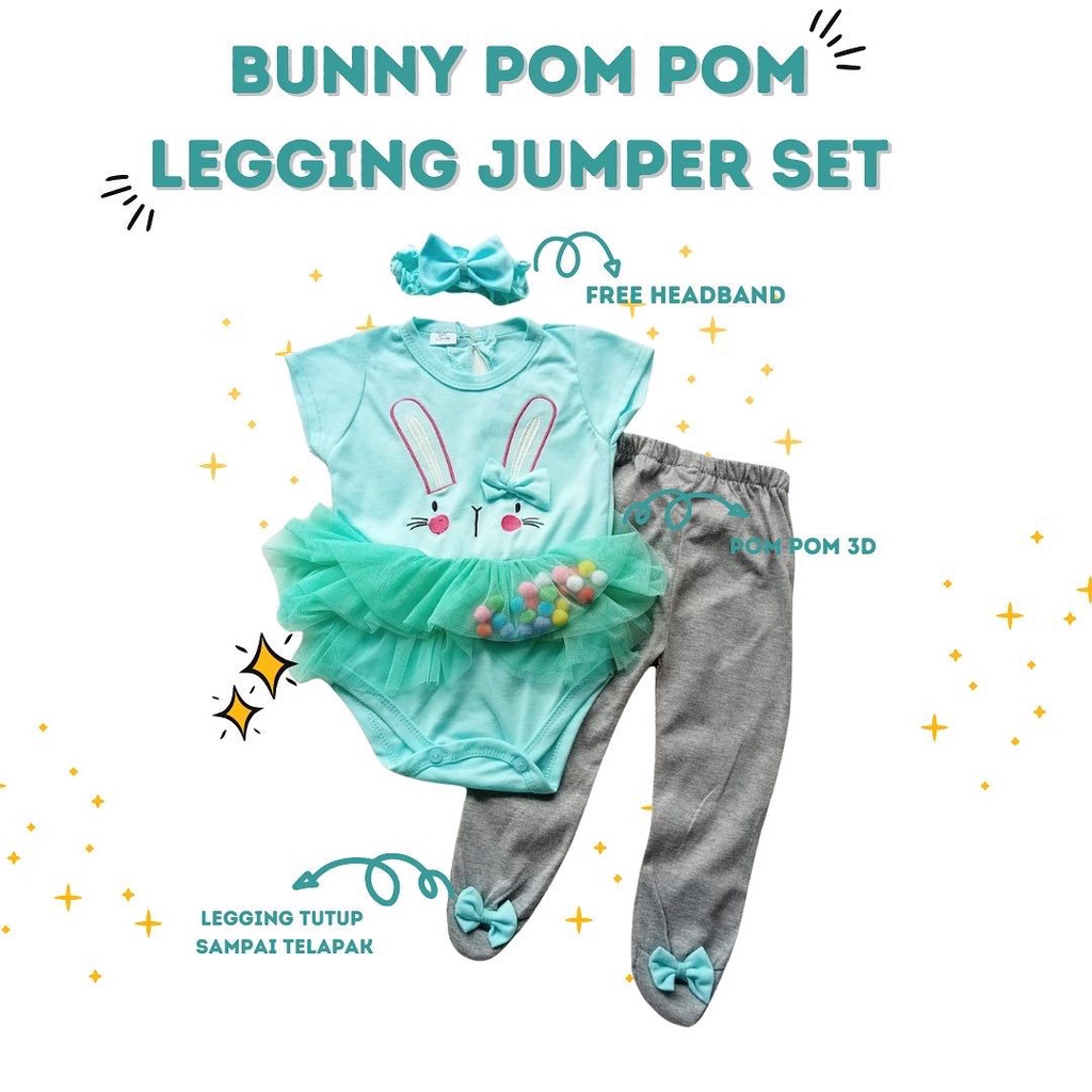 jumper newborn romper bay kado lahiran anak perempuan bunny pom pom legging JUMPER SET baby bayi cewek perempuan 0-12 bulan newborn romper fashion di