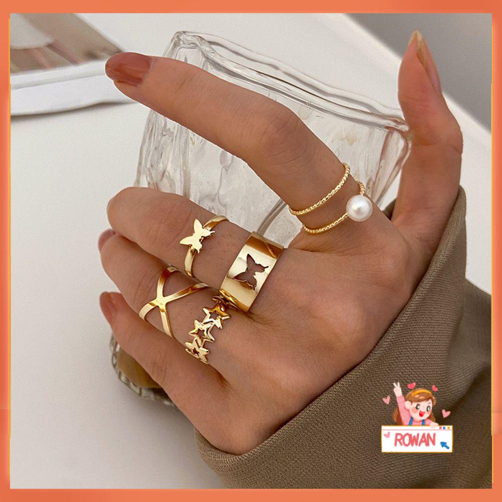 5pcs / Set Cincin Bentuk Kupu-Kupu Geometris Aksen Mutiara Bahan Alloy Warna Emas Gaya Punk Untuk Wanita