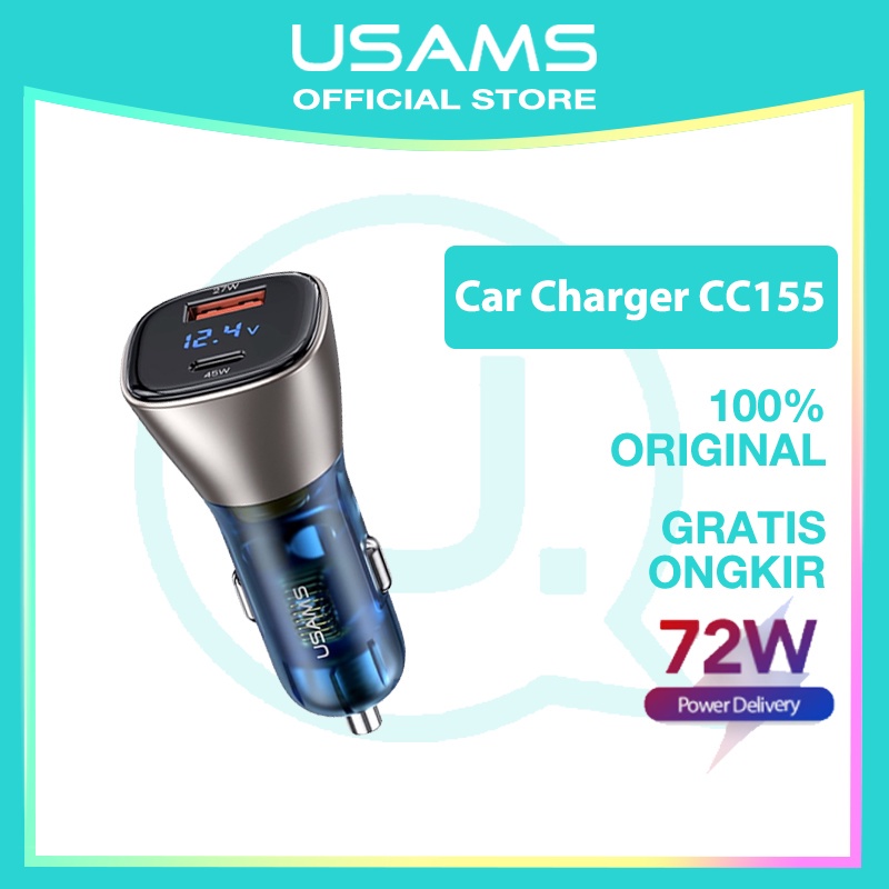 USAMS  Original Car Charger CC155 72W Mobile Car Charger Mobile Fast Charging Type-C/ USB PD Quick Charger Ori For Oppo Xiaomi Realme Vivo Samsung  Huawei IPhone