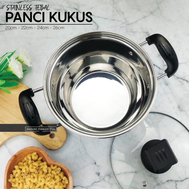 Panci Kukus 22cm Pegangan Kuping Plastik Soup Pot Steamer Stainless Tebal Tinggi Murah