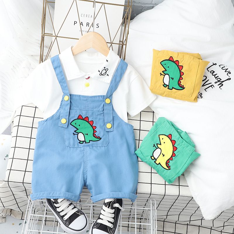 Set jumpsuit overall bayi anak balita Dino bordir 3d import