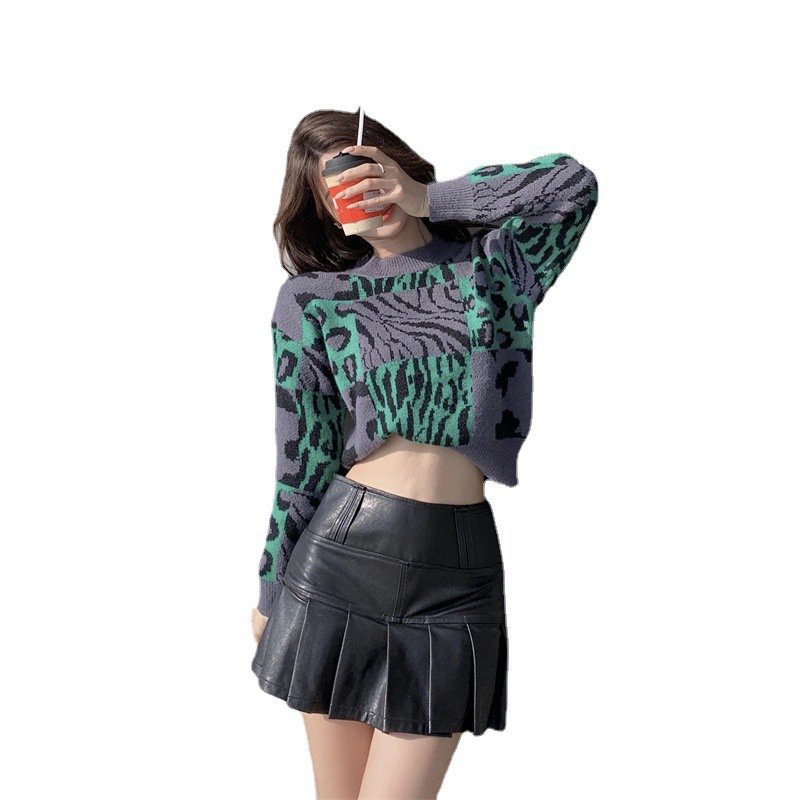 Pakaian Rajut Wanita Musim Gugur Dan Musim Dingin Baru Leopard Print Pullover Sweater Rajutan Leher