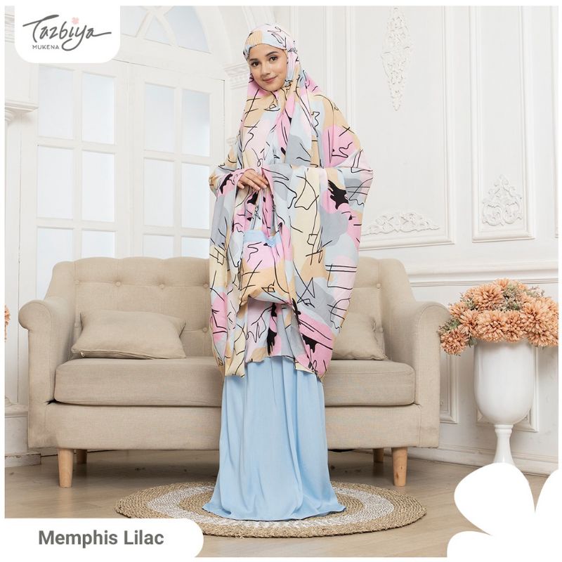 Mukenah Tazbiya Memphis Flower Series Blue/Pink/Salem Jumbo Dewasa Katun Rayon Adem Motif Cantik