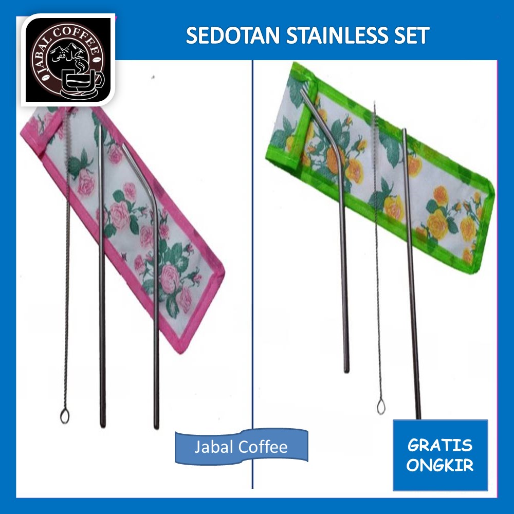 Set Sikat Sedotan Lurus Bengkok Stainless Bonus Pouch / Sedotan Stainless Steel