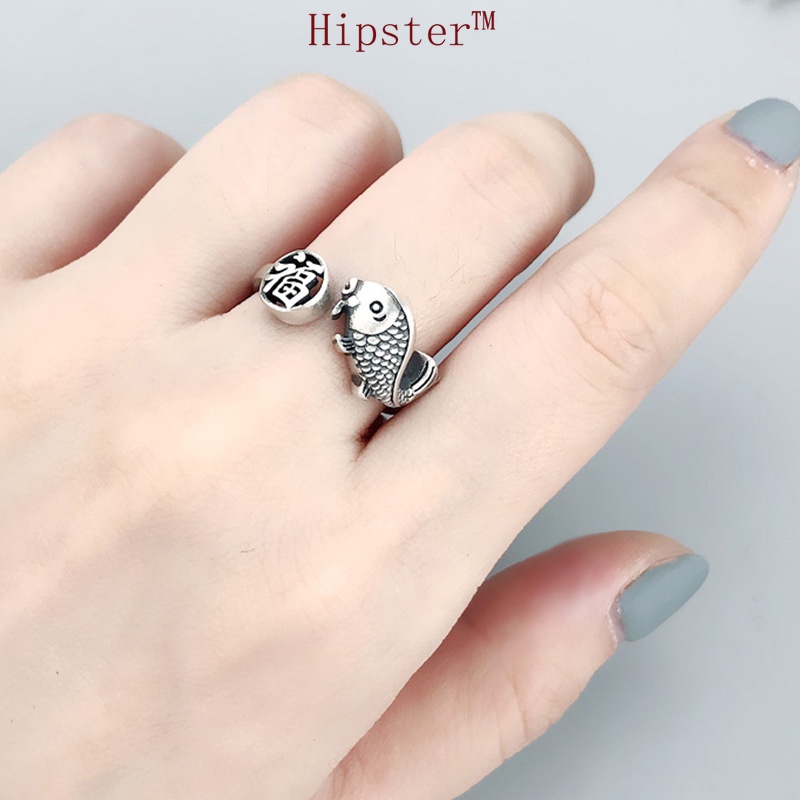 Same Style Retro Chinese Style Fu Character Fish Adjustable Ring