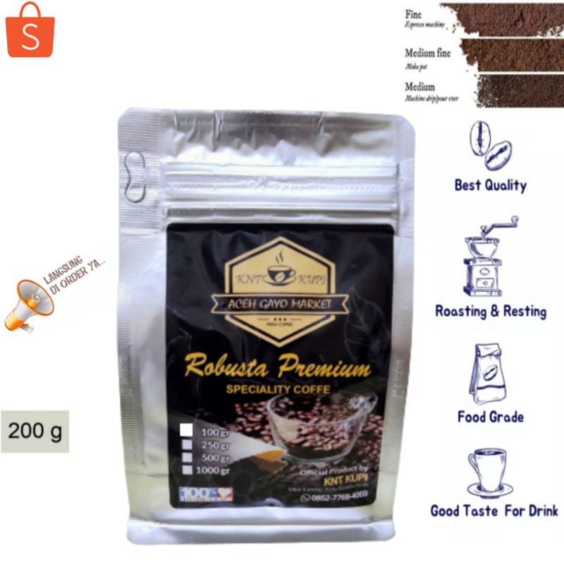 

KOPI ROBUSTA GAYO ACEH PREMIUM NATURAL BIJI HITAM BUBUK HALUS ORIGINAL 200gram MURAH kualitas super aman dilambung OLEH-OLEH TOKO BANDA ACEH TELARIS COD