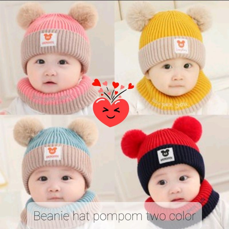 Kupluk Pompom anak 2 warna/pompom