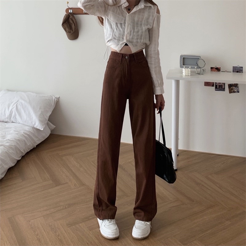 JEANS HIGHWAIST IMPORT CELANA PANTS WANITA CEWEK CULLOTE HW BAGGY DENIM BROWN COKLAT MX860