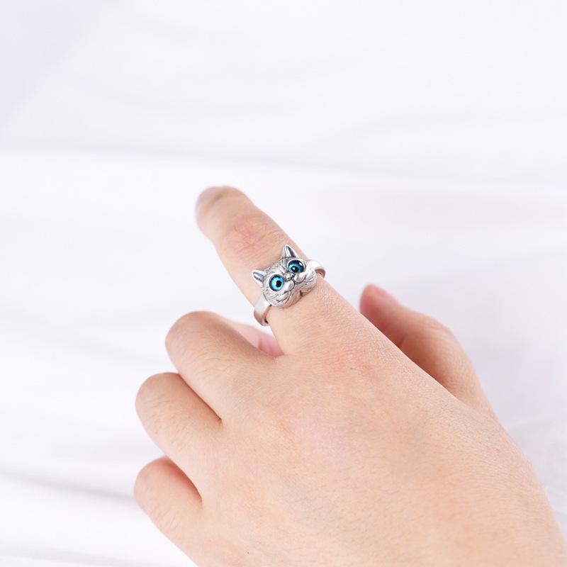 Cincin Wanita Desain Kepala Kucing Mata Besar Gaya Casual Adjustable Untuk Pestahadiah